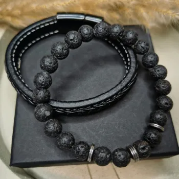 Bransoletka męska lawa wulkaniczna talizman amulet ochrona siła + skóra naturalna